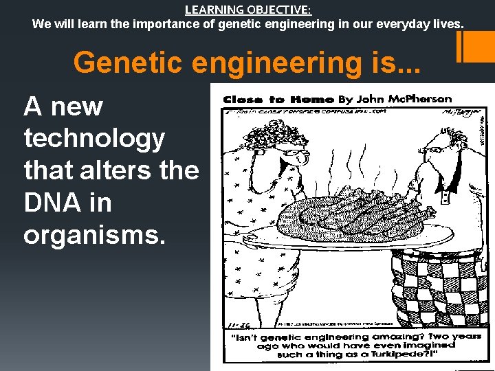 LEARNING OBJECTIVE: We will learn the importance of genetic engineering in our everyday lives.