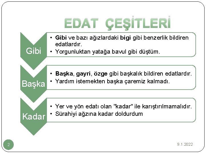 EDAT ÇEŞİTLERİ Gibi Başka Kadar 2 • Gibi ve bazı ağızlardaki bigi gibi benzerlik