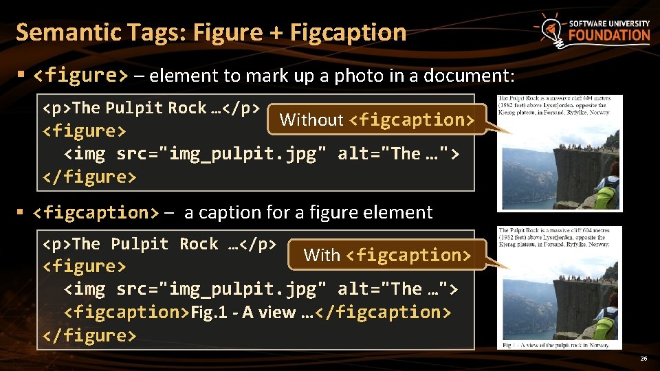 Semantic Tags: Figure + Figcaption § <figure> – element to mark up a photo