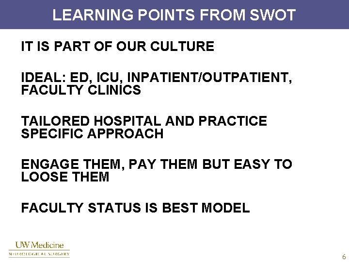 LEARNING POINTS FROM SWOT IT IS PART OF OUR CULTURE IDEAL: ED, ICU, INPATIENT/OUTPATIENT,