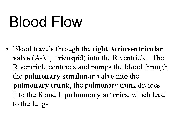 Blood Flow • Blood travels through the right Atrioventricular valve (A-V , Tricuspid) into