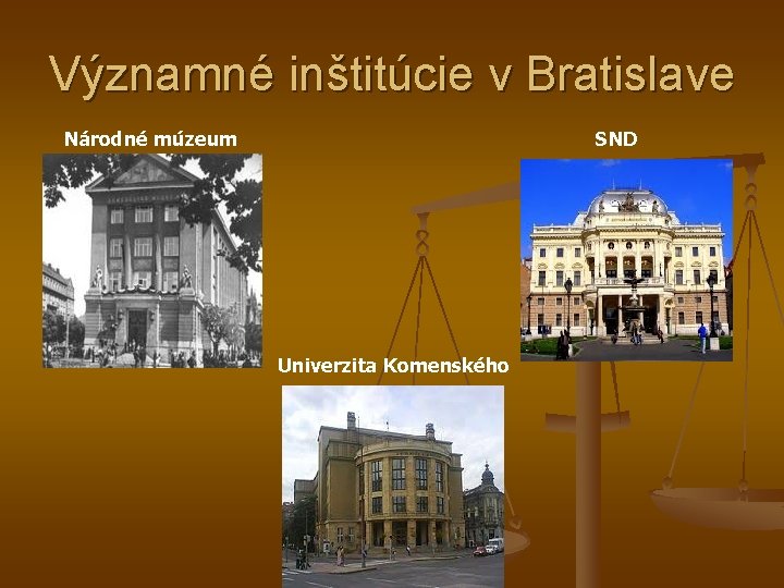 Významné inštitúcie v Bratislave Národné múzeum SND Univerzita Komenského 