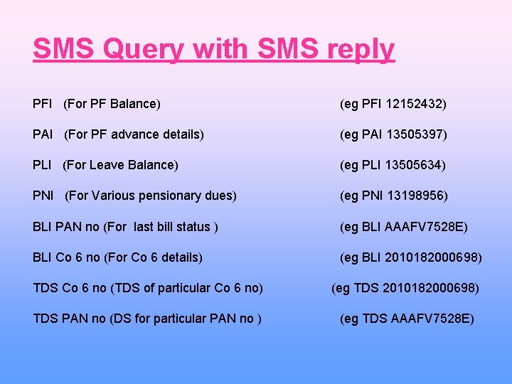 SMS Query with SMS reply PFI (For PF Balance) (eg PFI 12152432) PAI (For