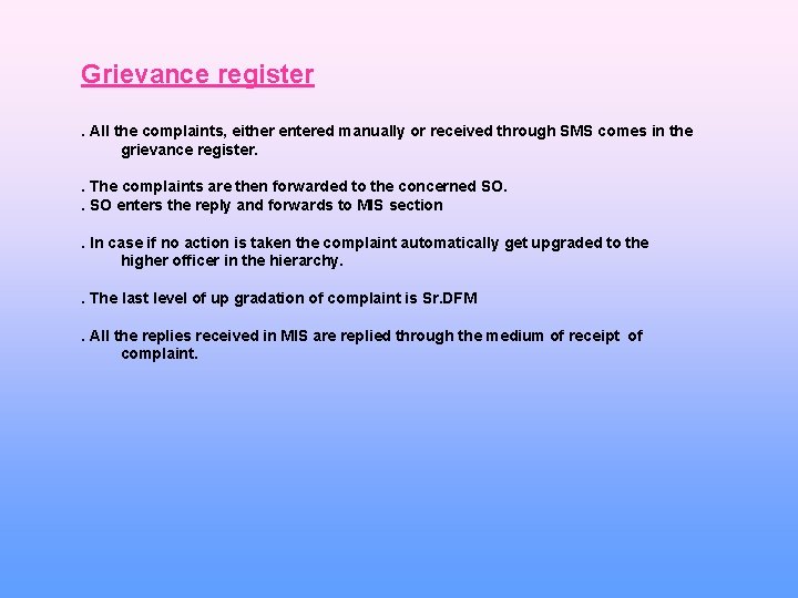 Grievance register. All the complaints, either entered manually or received through SMS comes in