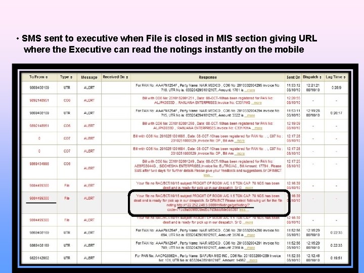  • SMS sent to executive when File is closed in MIS section giving