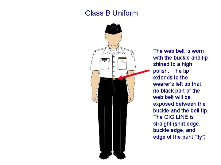 Class B Uniform The web belt is worn with the buckle and tip shined