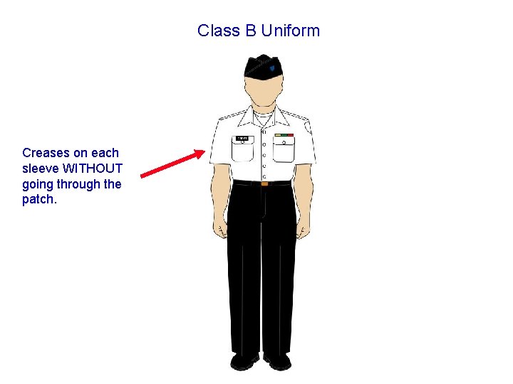 Class B Uniform Creases on each sleeve WITHOUT going through the patch. 