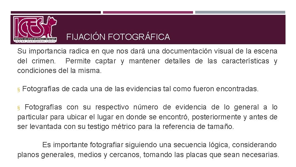 FIJACIÓN FOTOGRÁFICA Su importancia radica en que nos dará una documentación visual de la