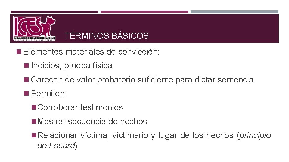 TÉRMINOS BÁSICOS n Elementos materiales de convicción: n Indicios, prueba física n Carecen de