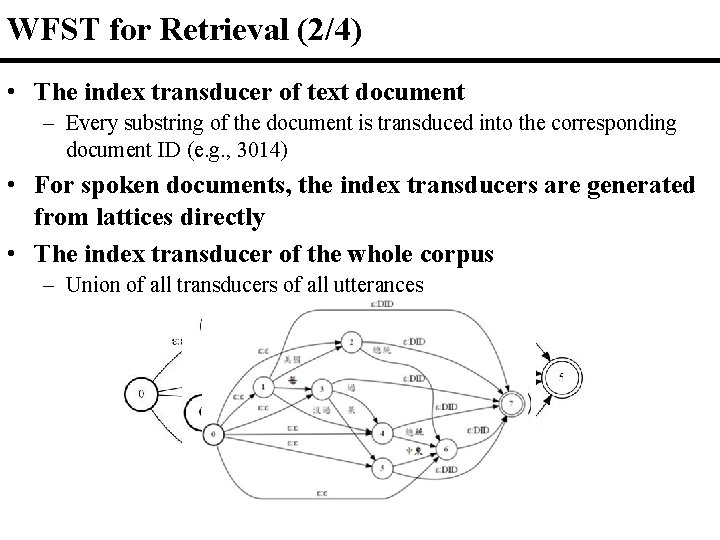 WFST for Retrieval (2/4) • The index transducer of text document – Every substring