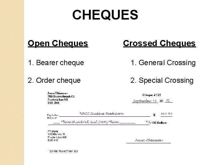 CHEQUES Open Cheques Crossed Cheques 1. Bearer cheque 1. General Crossing 2. Order cheque