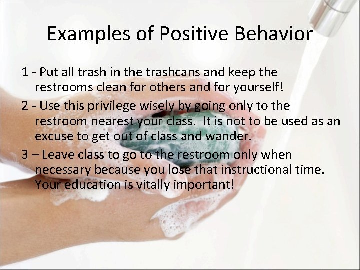 Examples of Positive Behavior 1 - Put all trash in the trashcans and keep