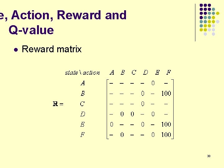 e, Action, Reward and Q-value l Reward matrix 38 