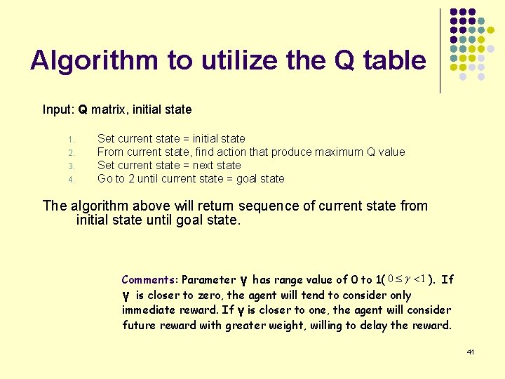 Algorithm to utilize the Q table Input: Q matrix, initial state 1. 2. 3.