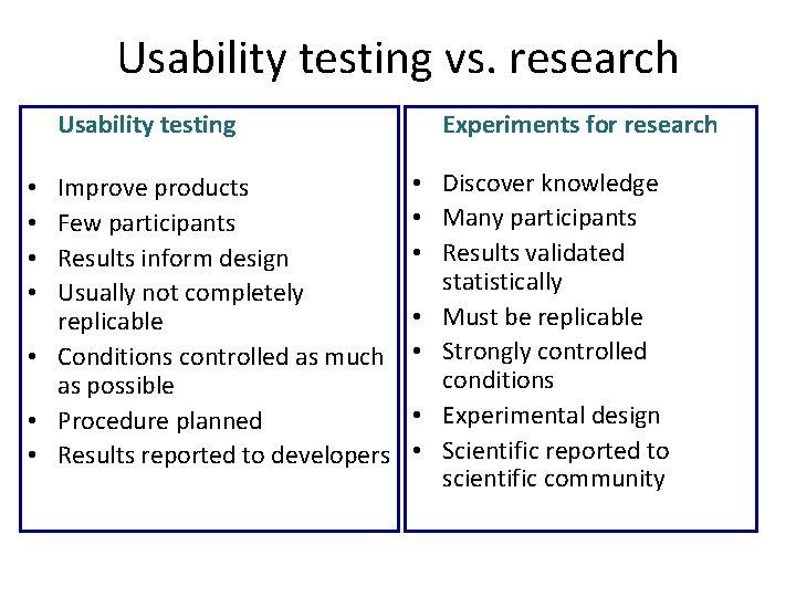 Usability testing vs. research Usability testing Improve products Few participants Results inform design Usually