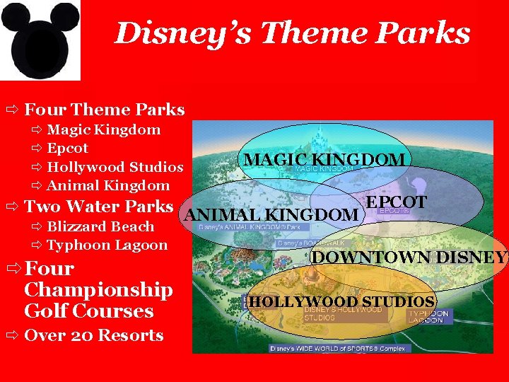 Disney’s Theme Parks ð Four Theme Parks ð Magic Kingdom ð Epcot ð Hollywood