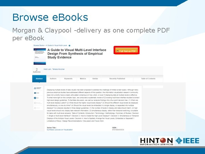 Browse e. Books Morgan & Claypool -delivery as one complete PDF per e. Book