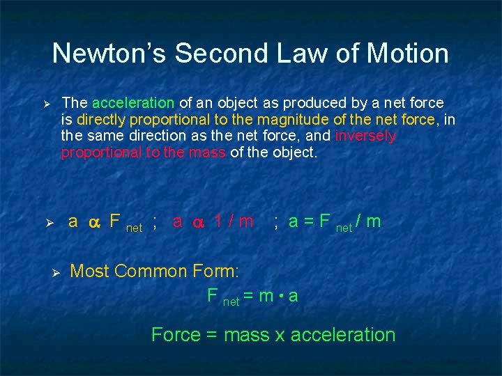 Newton’s Second Law of Motion The acceleration of an object as produced by a