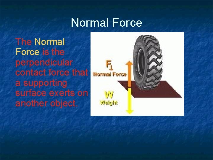 Normal Force The Normal Force is the perpendicular contact force that a supporting surface