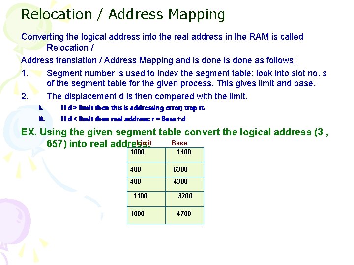 Relocation / Address Mapping Converting the logical address into the real address in the