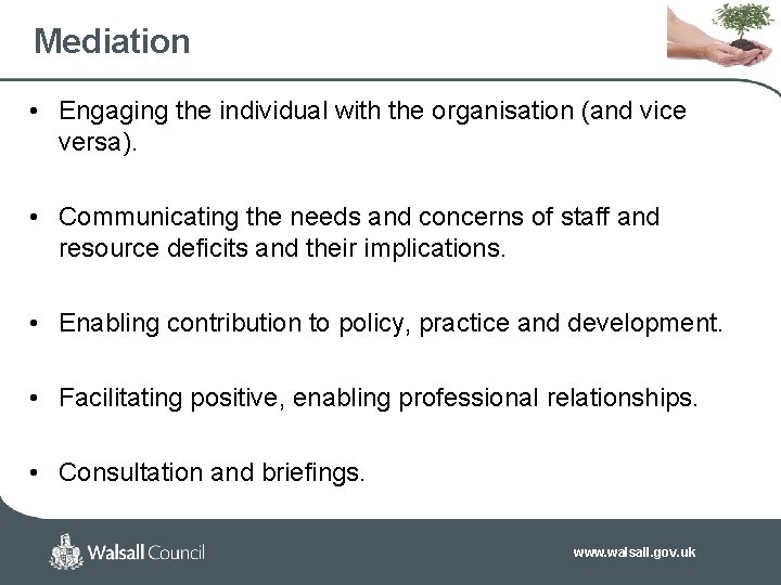 Mediation • Engaging the individual with the organisation (and vice versa). • Communicating the
