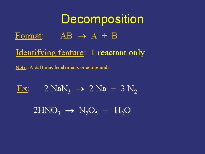 Decomposition Format: AB A + B Identifying feature: 1 reactant only Note: A &