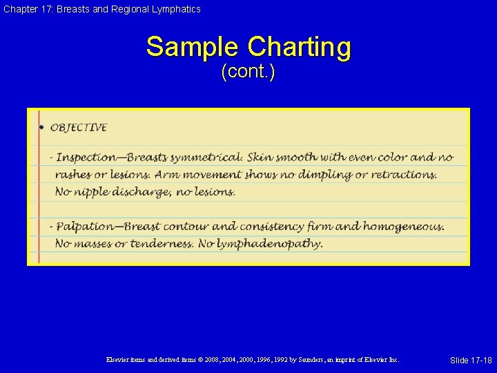 Chapter 17: Breasts and Regional Lymphatics Sample Charting (cont. ) Elsevier items and derived