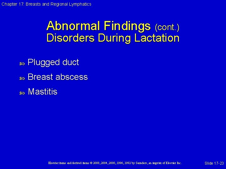 Chapter 17: Breasts and Regional Lymphatics Abnormal Findings (cont. ) Disorders During Lactation Plugged