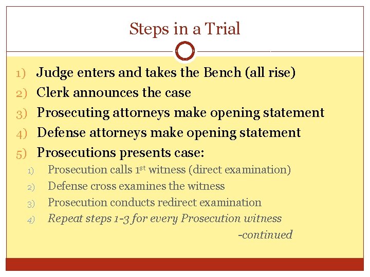 Steps in a Trial 1) Judge enters and takes the Bench (all rise) 2)