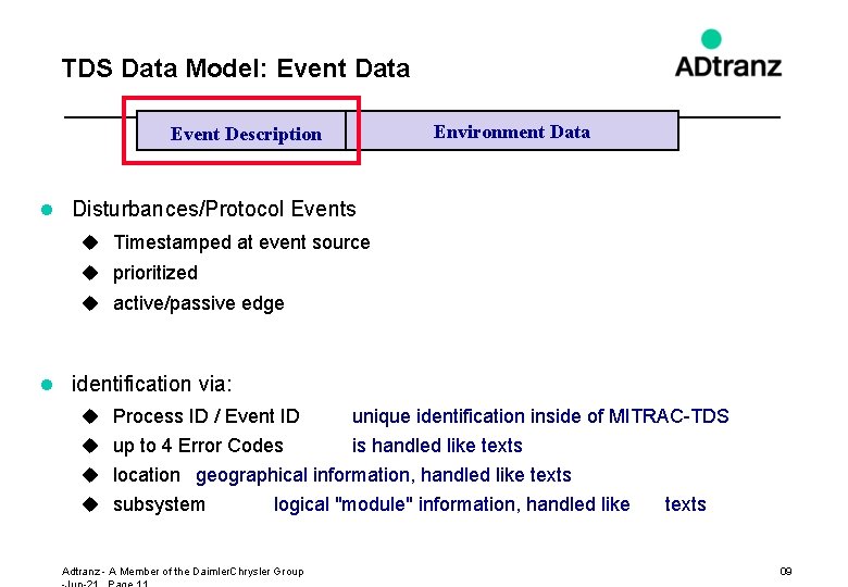 TDS Data Model: Event Data Event Description Environment Data l Disturbances/Protocol Events u Timestamped