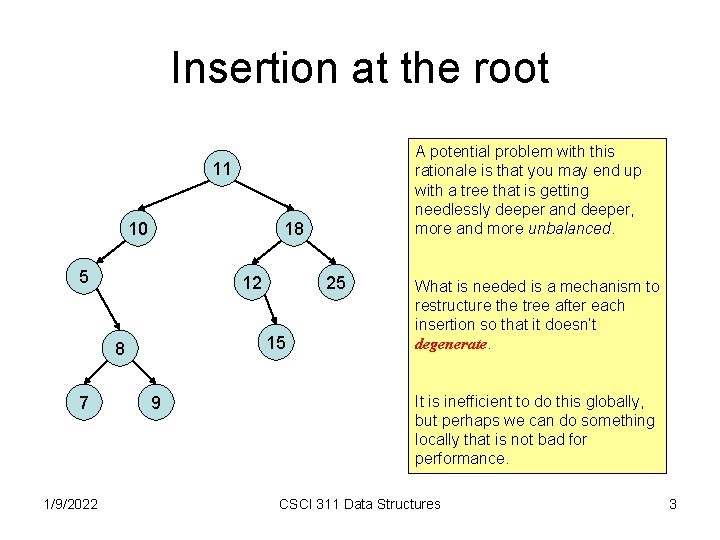 Insertion at the root A potential problem with this rationale is that you may