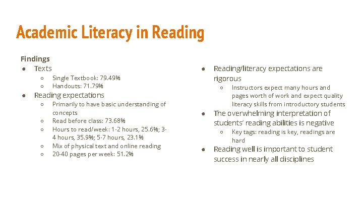 Academic Literacy in Reading Findings ● Texts ○ ○ ● ● Single Textbook: 79.
