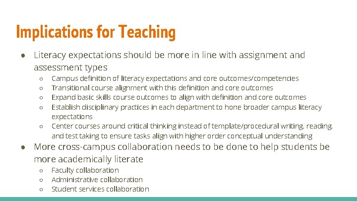 Implications for Teaching ● Literacy expectations should be more in line with assignment and