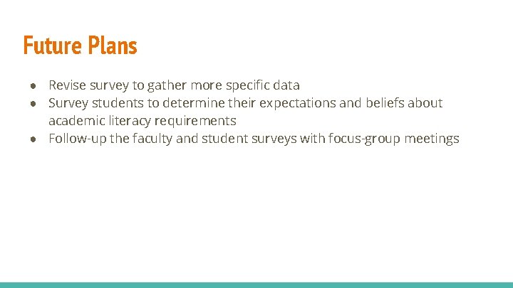 Future Plans ● Revise survey to gather more specific data ● Survey students to