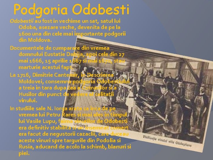 Podgoria Odobestii au fost in vechime un sat, satul lui Odoba, asezare veche, devenita