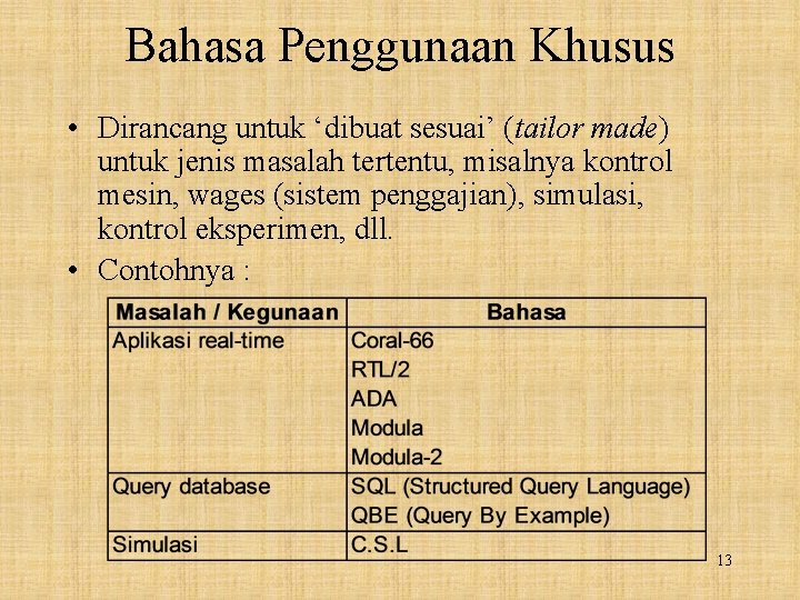 Bahasa Penggunaan Khusus • Dirancang untuk ‘dibuat sesuai’ (tailor made) untuk jenis masalah tertentu,