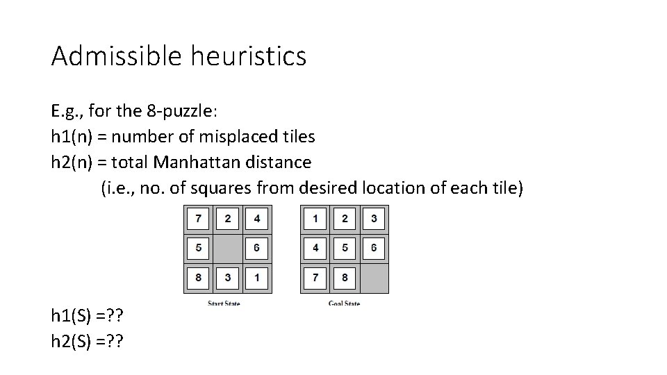 Admissible heuristics E. g. , for the 8 -puzzle: h 1(n) = number of