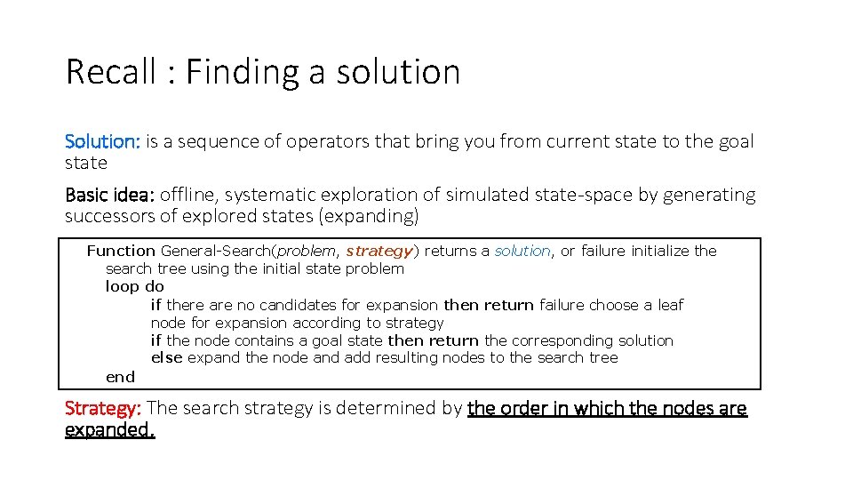 Recall : Finding a solution Solution: is a sequence of operators that bring you