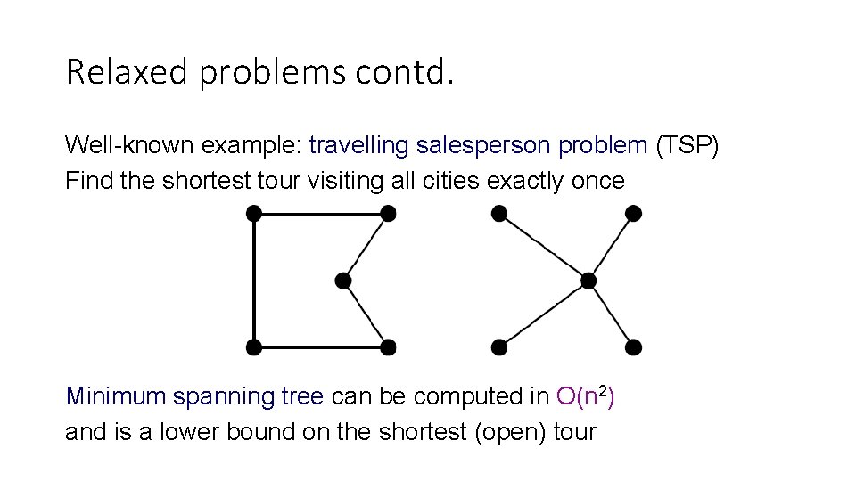 Relaxed problems contd. Well-known example: travelling salesperson problem (TSP) Find the shortest tour visiting