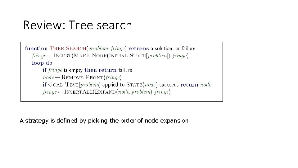 Review: Tree search A strategy is defined by picking the order of node expansion