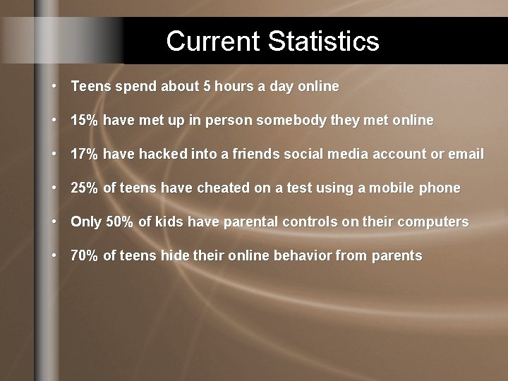 Current Statistics • Teens spend about 5 hours a day online • 15% have Current Statistics • Teens spend about 5 hours a day online • 15% have