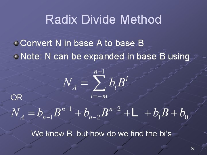 Radix Divide Method Convert N in base A to base B Note: N can