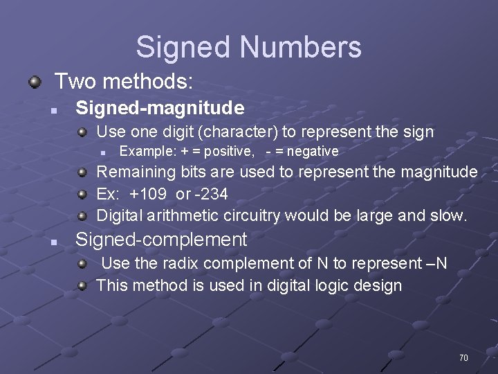 Signed Numbers Two methods: n Signed-magnitude Use one digit (character) to represent the sign