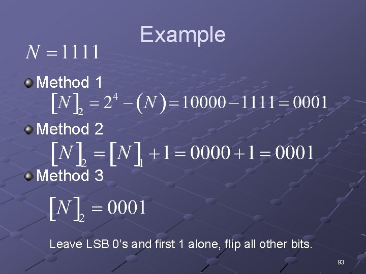 Example Method 1 Method 2 Method 3 Leave LSB 0’s and first 1 alone,