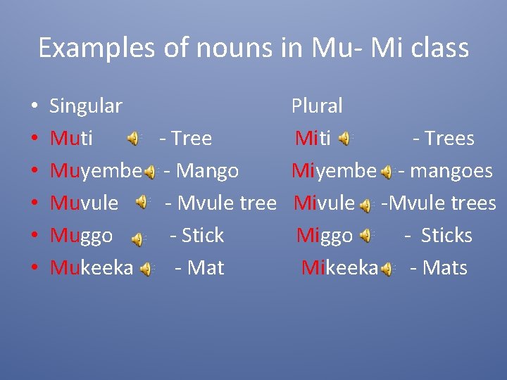 Examples of nouns in Mu- Mi class • • • Singular Muti - Tree