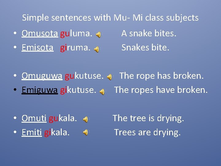 Simple sentences with Mu- Mi class subjects • Omusota guluma. • Emisota giruma. A