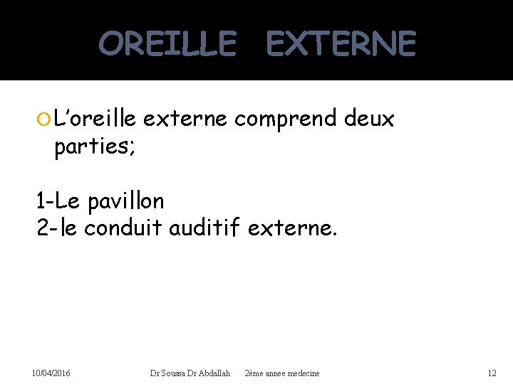 OREILLE EXTERNE L’oreille parties; externe comprend deux 1 -Le pavillon 2 -le conduit auditif