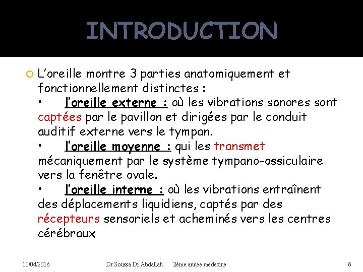 INTRODUCTION L’oreille montre 3 parties anatomiquement et fonctionnellement distinctes : • l’oreille externe :