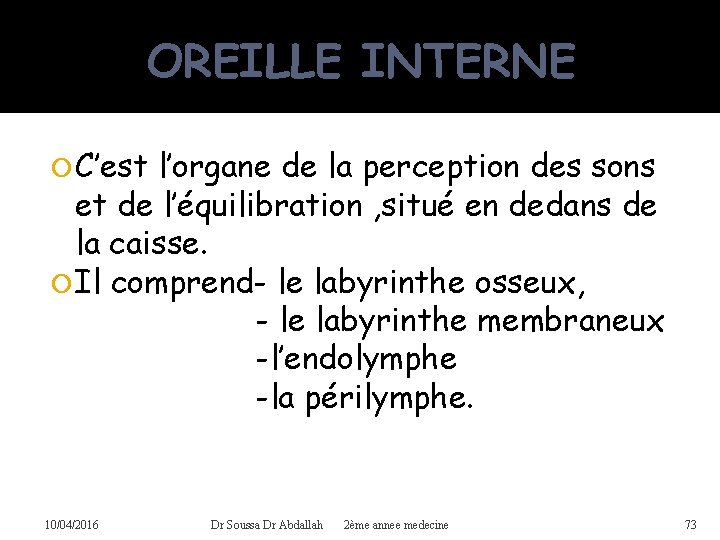 OREILLE INTERNE C’est l’organe de la perception des sons et de l’équilibration , situé