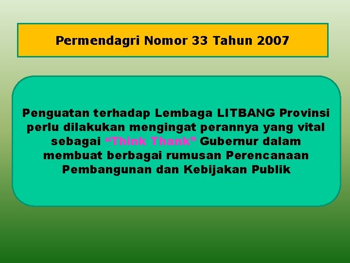 Permendagri Nomor 33 Tahun 2007 Penguatan terhadap Lembaga LITBANG Provinsi perlu dilakukan mengingat perannya